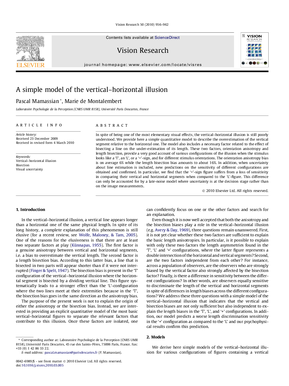 A simple model of the vertical–horizontal illusion