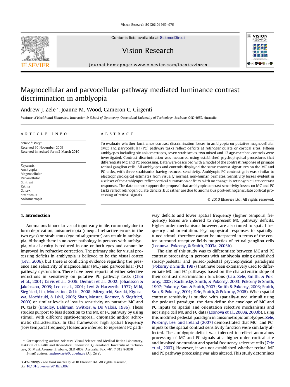 Magnocellular and parvocellular pathway mediated luminance contrast discrimination in amblyopia