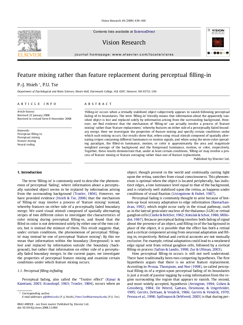 Feature mixing rather than feature replacement during perceptual filling-in