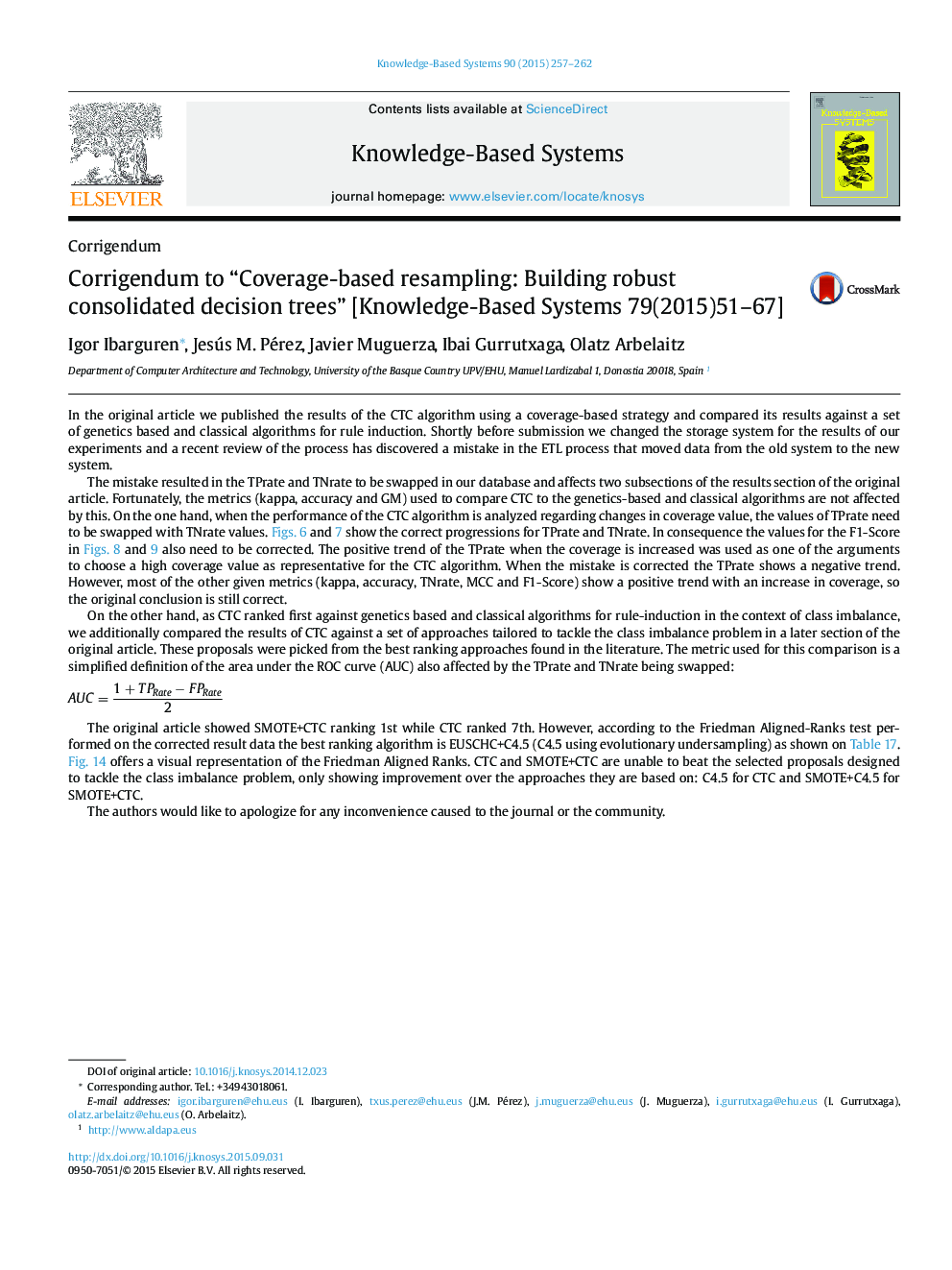 Corrigendum to “Coverage-based resampling: Building robust consolidated decision trees” [Knowledge-Based Systems 79(2015)51-67]