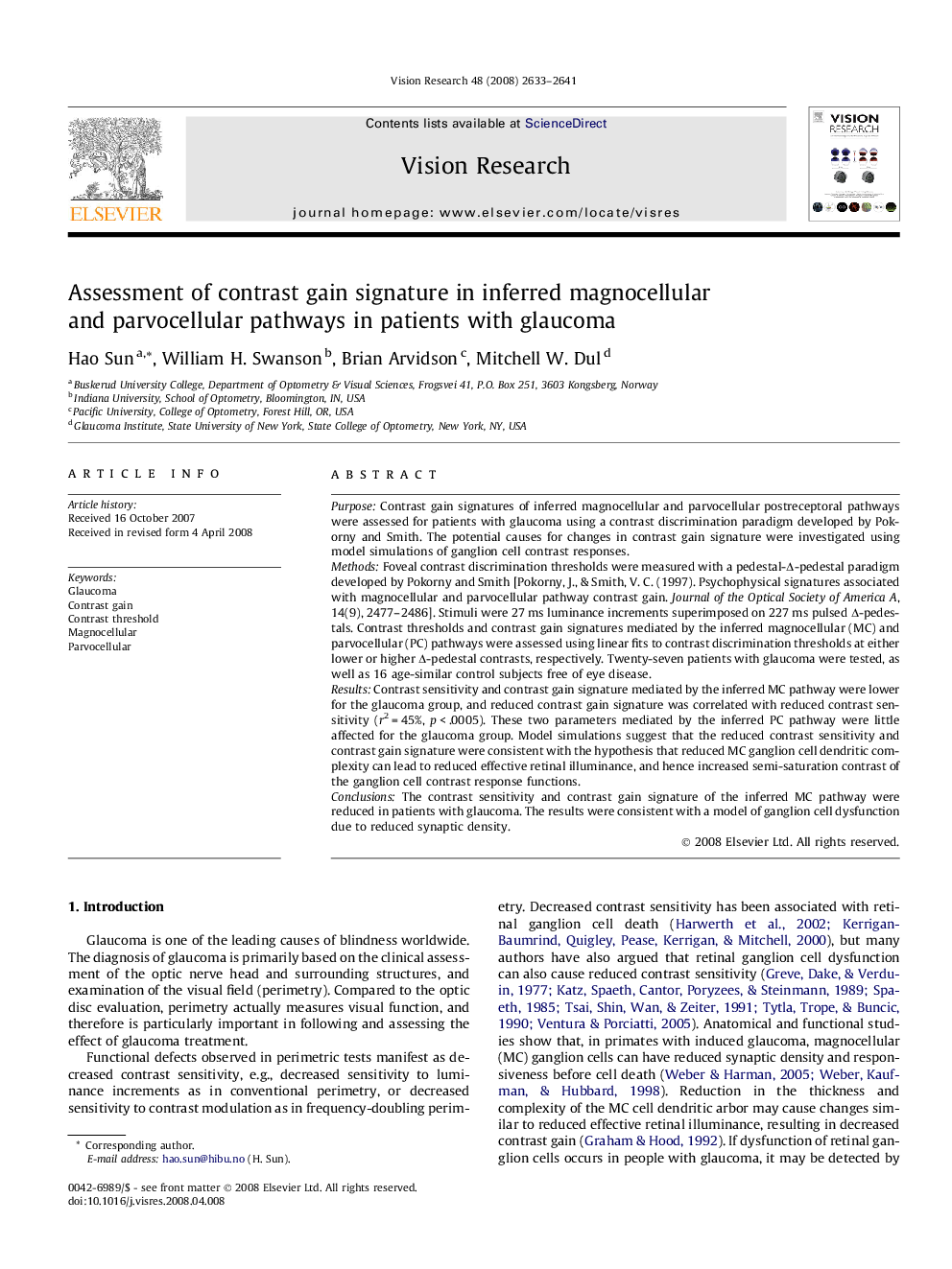 Assessment of contrast gain signature in inferred magnocellular and parvocellular pathways in patients with glaucoma