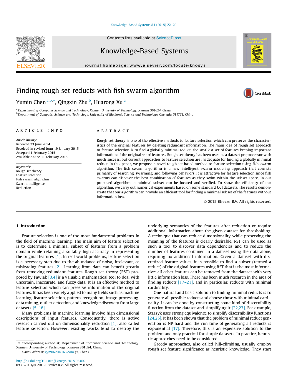 Finding rough set reducts with fish swarm algorithm