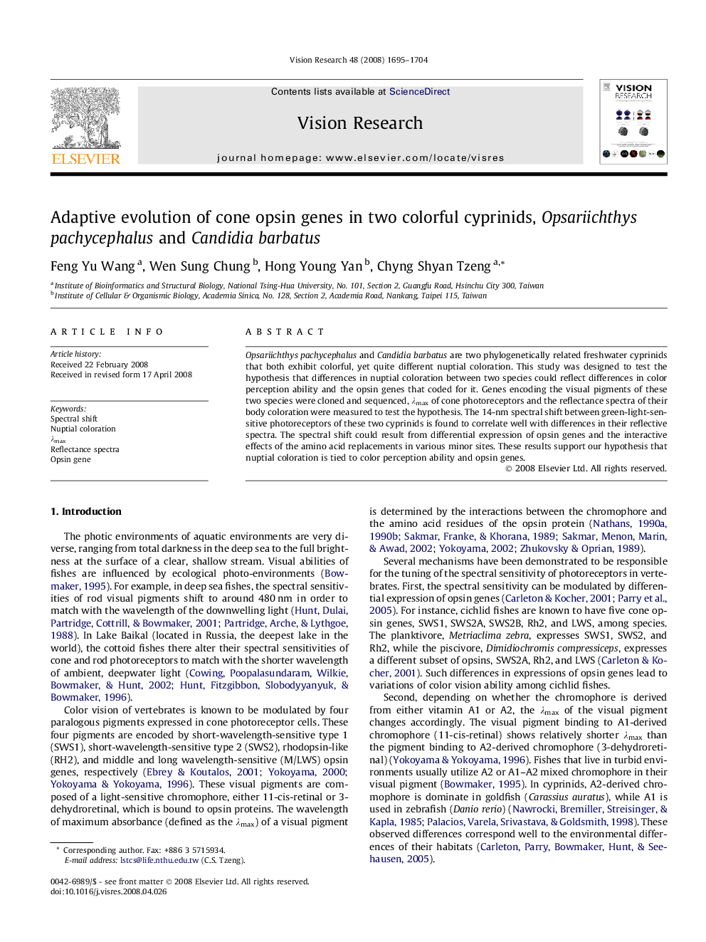 Adaptive evolution of cone opsin genes in two colorful cyprinids, Opsariichthys pachycephalus and Candidia barbatus