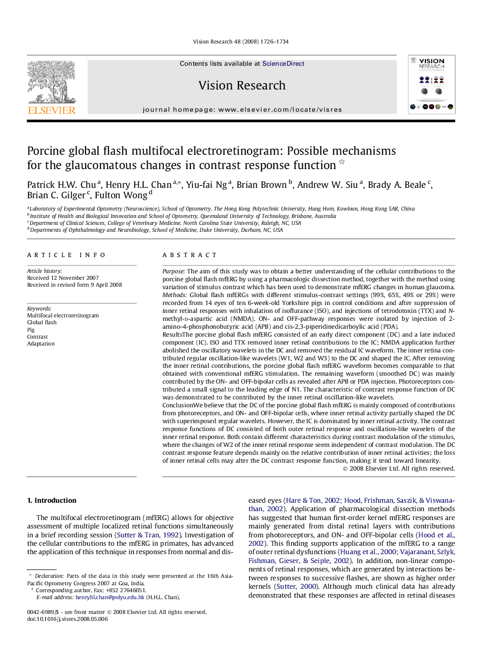 Porcine global flash multifocal electroretinogram: Possible mechanisms for the glaucomatous changes in contrast response function 