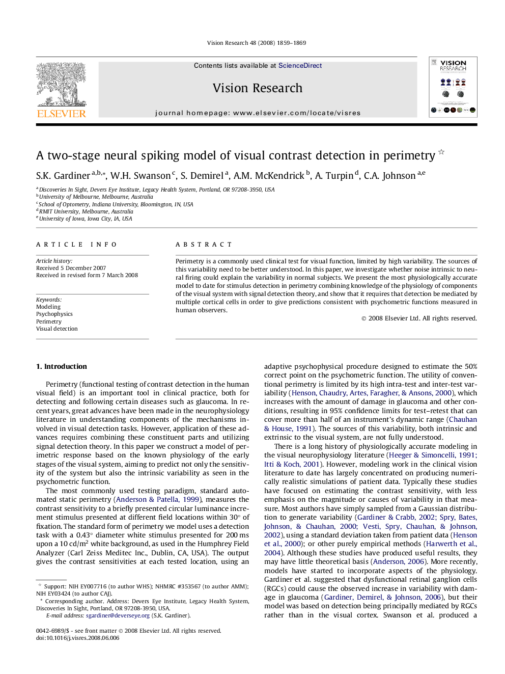 A two-stage neural spiking model of visual contrast detection in perimetry 