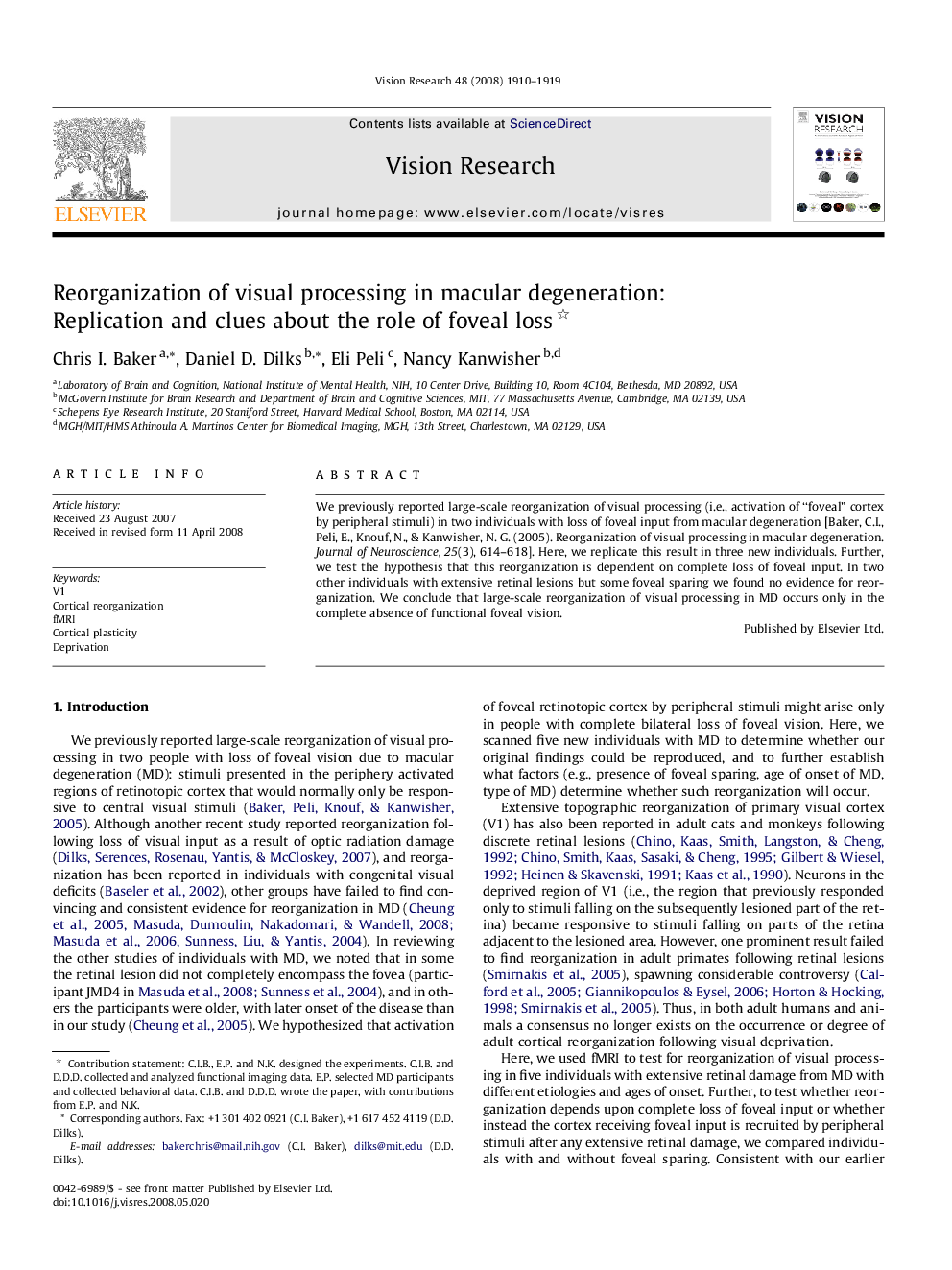 Reorganization of visual processing in macular degeneration: Replication and clues about the role of foveal loss 