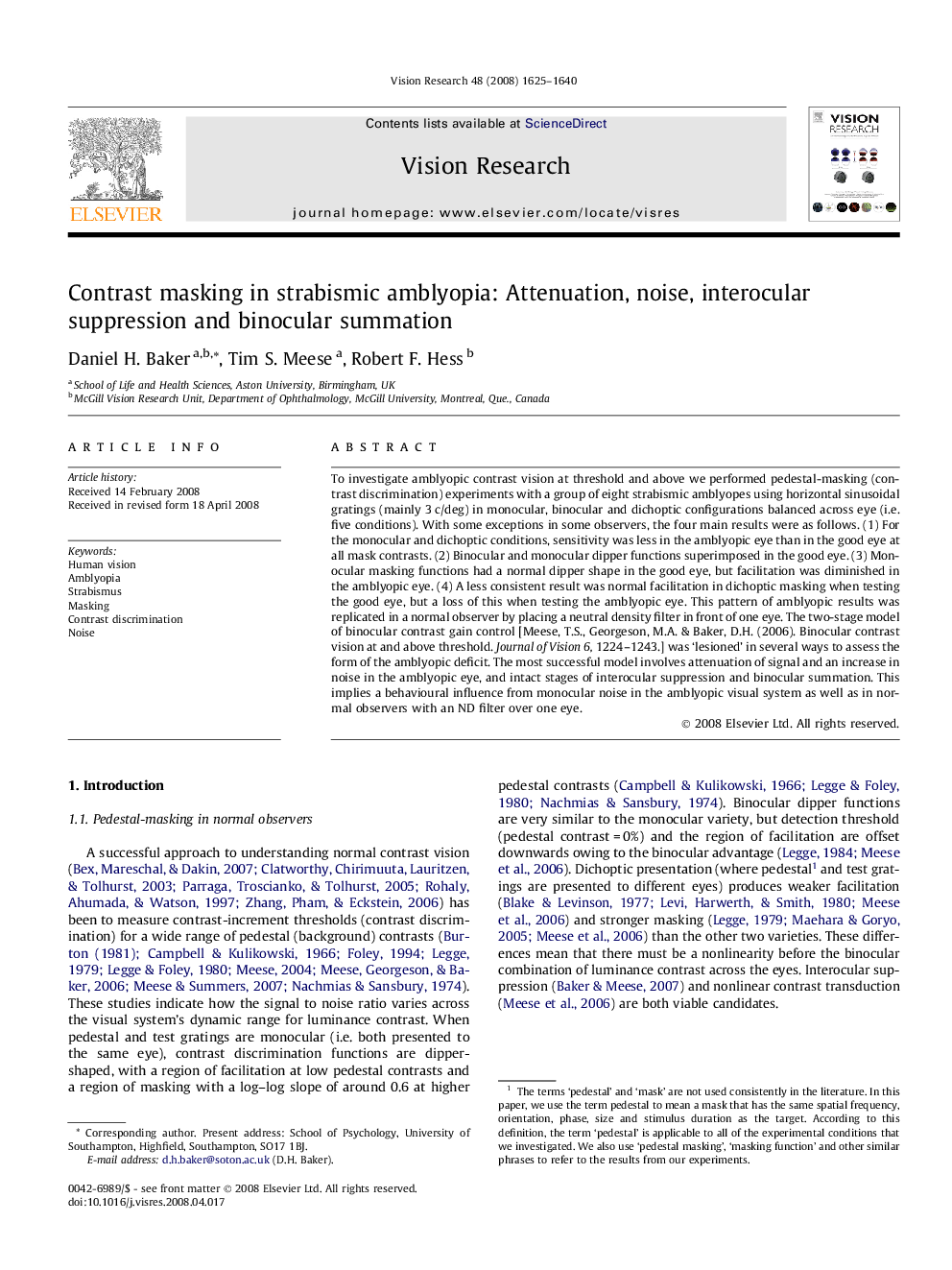 Contrast masking in strabismic amblyopia: Attenuation, noise, interocular suppression and binocular summation