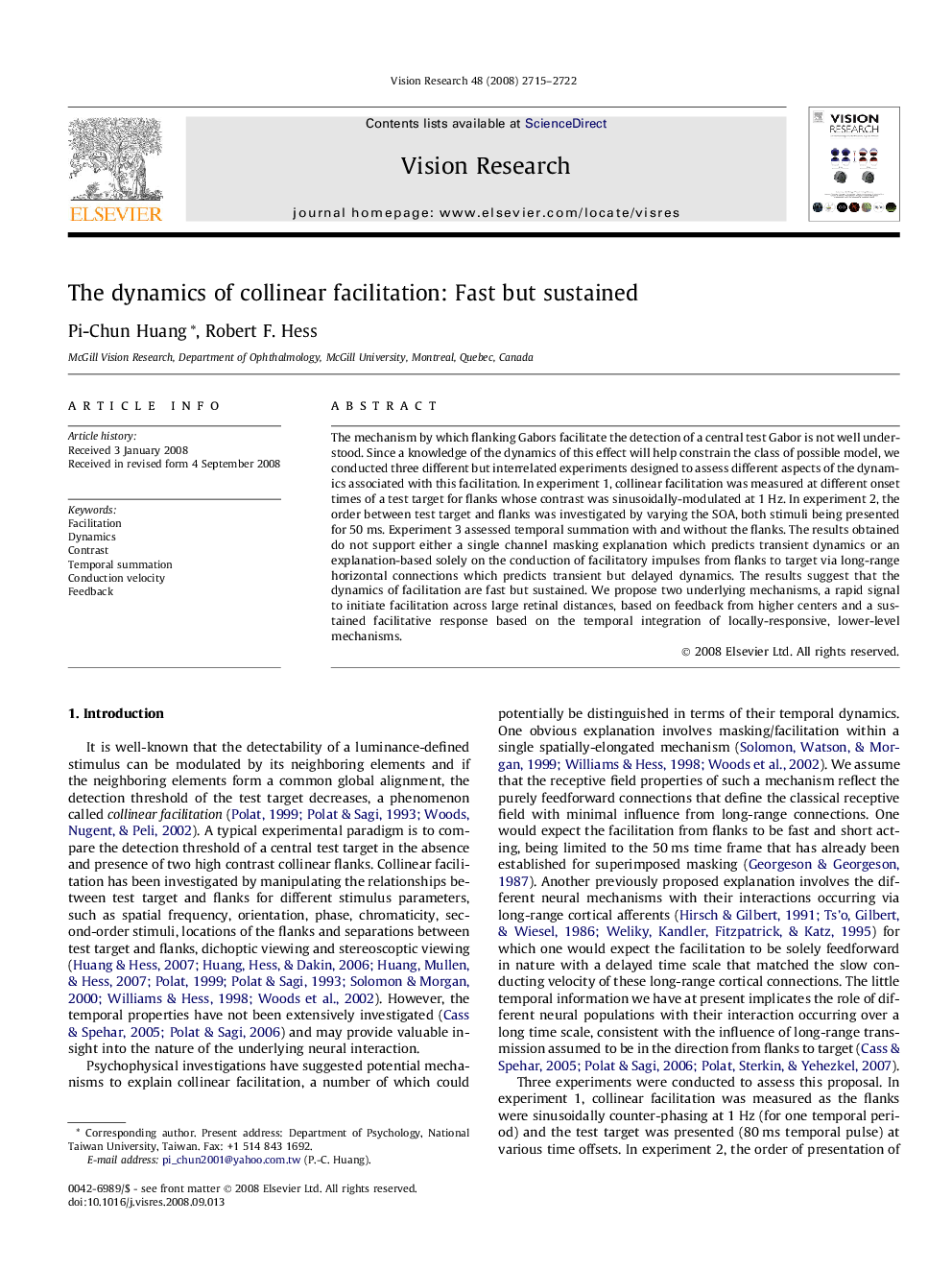 The dynamics of collinear facilitation: Fast but sustained