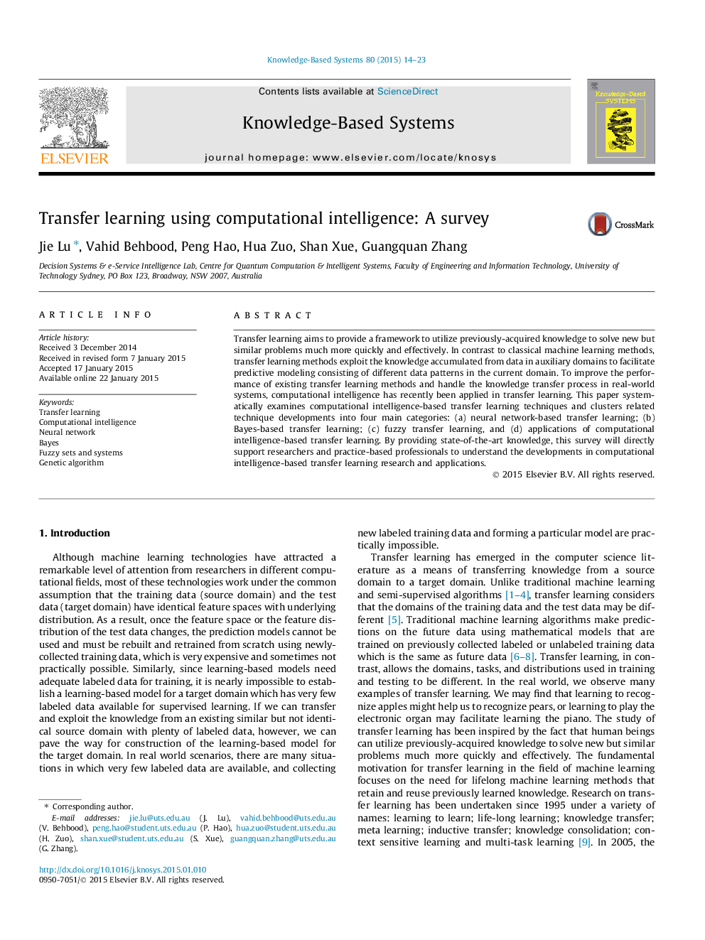 Transfer learning using computational intelligence: A survey