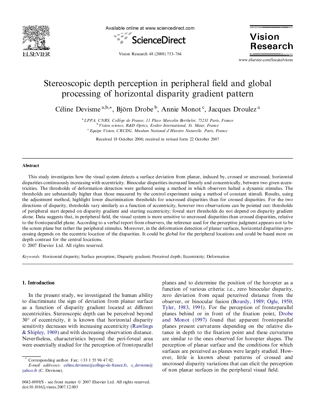 Stereoscopic depth perception in peripheral field and global processing of horizontal disparity gradient pattern