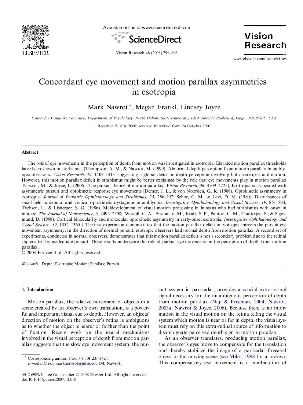 Concordant eye movement and motion parallax asymmetries in esotropia