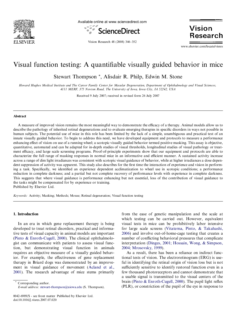 Visual function testing: A quantifiable visually guided behavior in mice