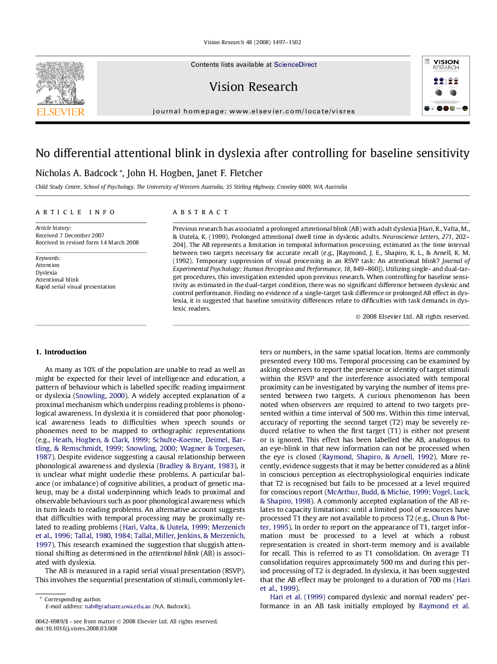 No differential attentional blink in dyslexia after controlling for baseline sensitivity