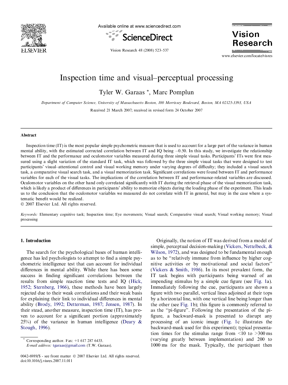 Inspection time and visual–perceptual processing