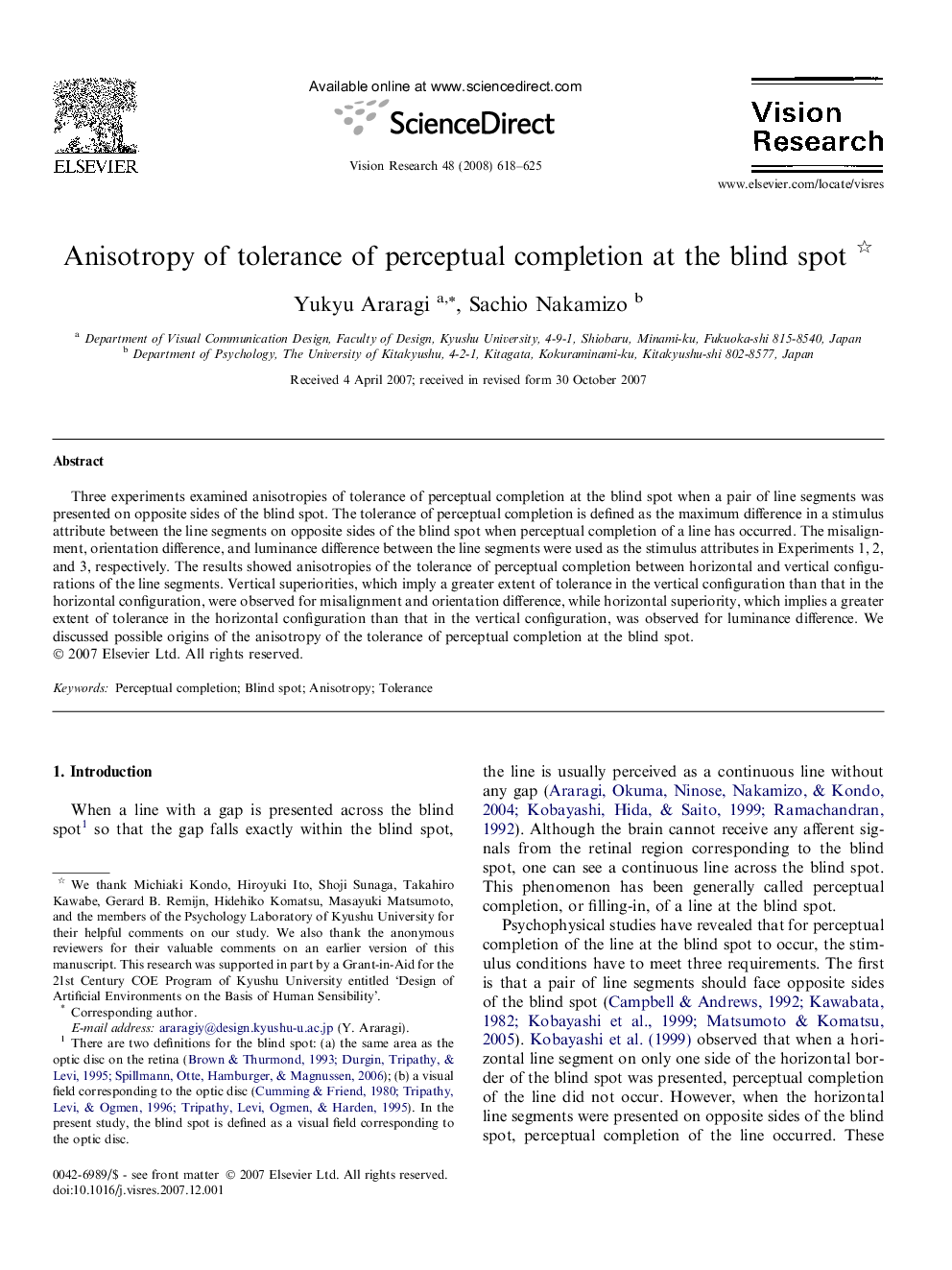 Anisotropy of tolerance of perceptual completion at the blind spot 