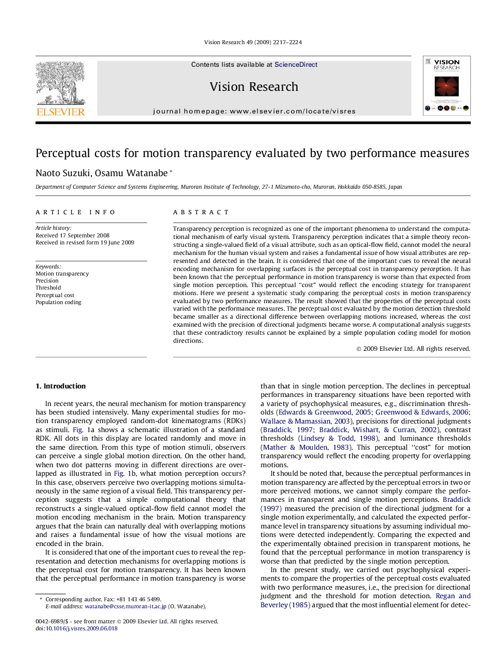 Perceptual costs for motion transparency evaluated by two performance measures