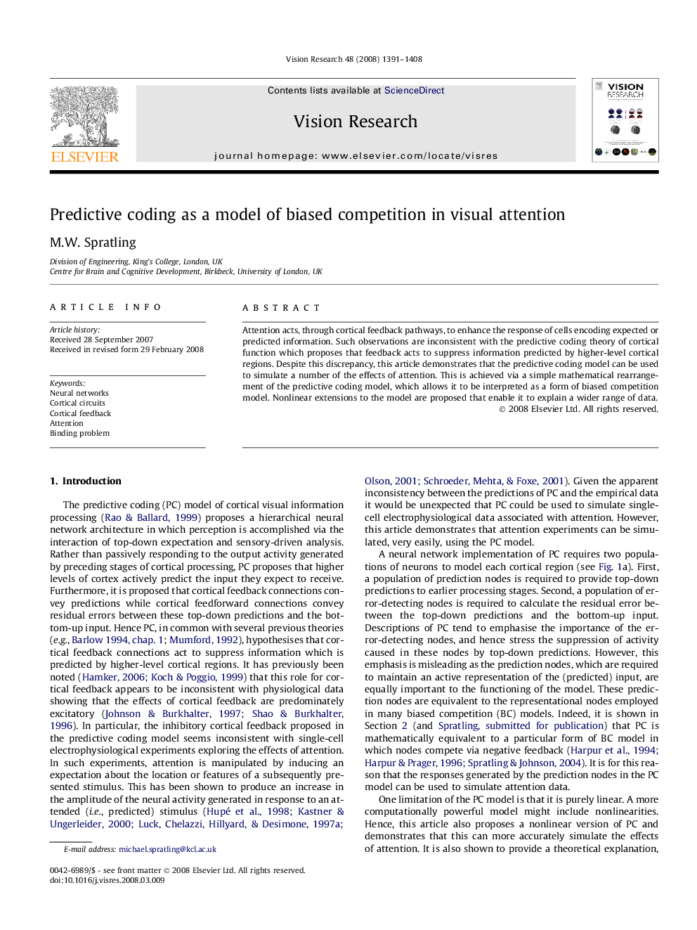 Predictive coding as a model of biased competition in visual attention