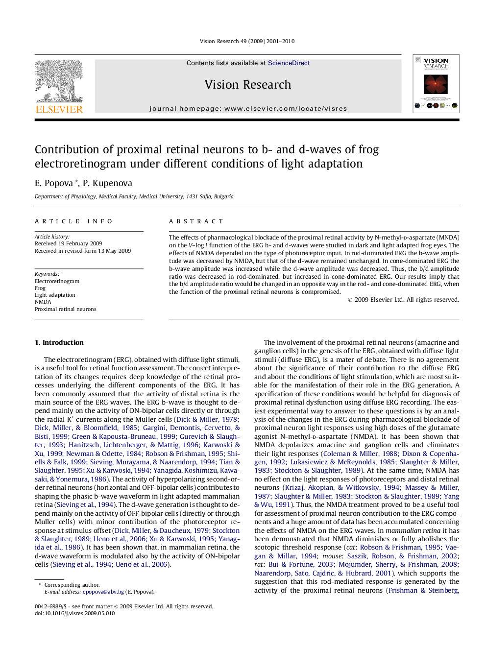 Contribution of proximal retinal neurons to b- and d-waves of frog electroretinogram under different conditions of light adaptation