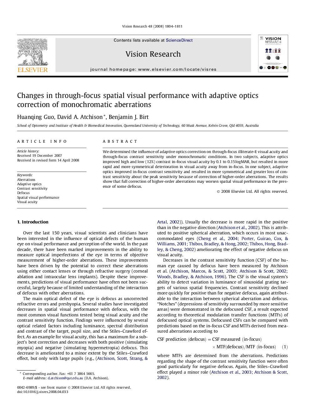 Changes in through-focus spatial visual performance with adaptive optics correction of monochromatic aberrations