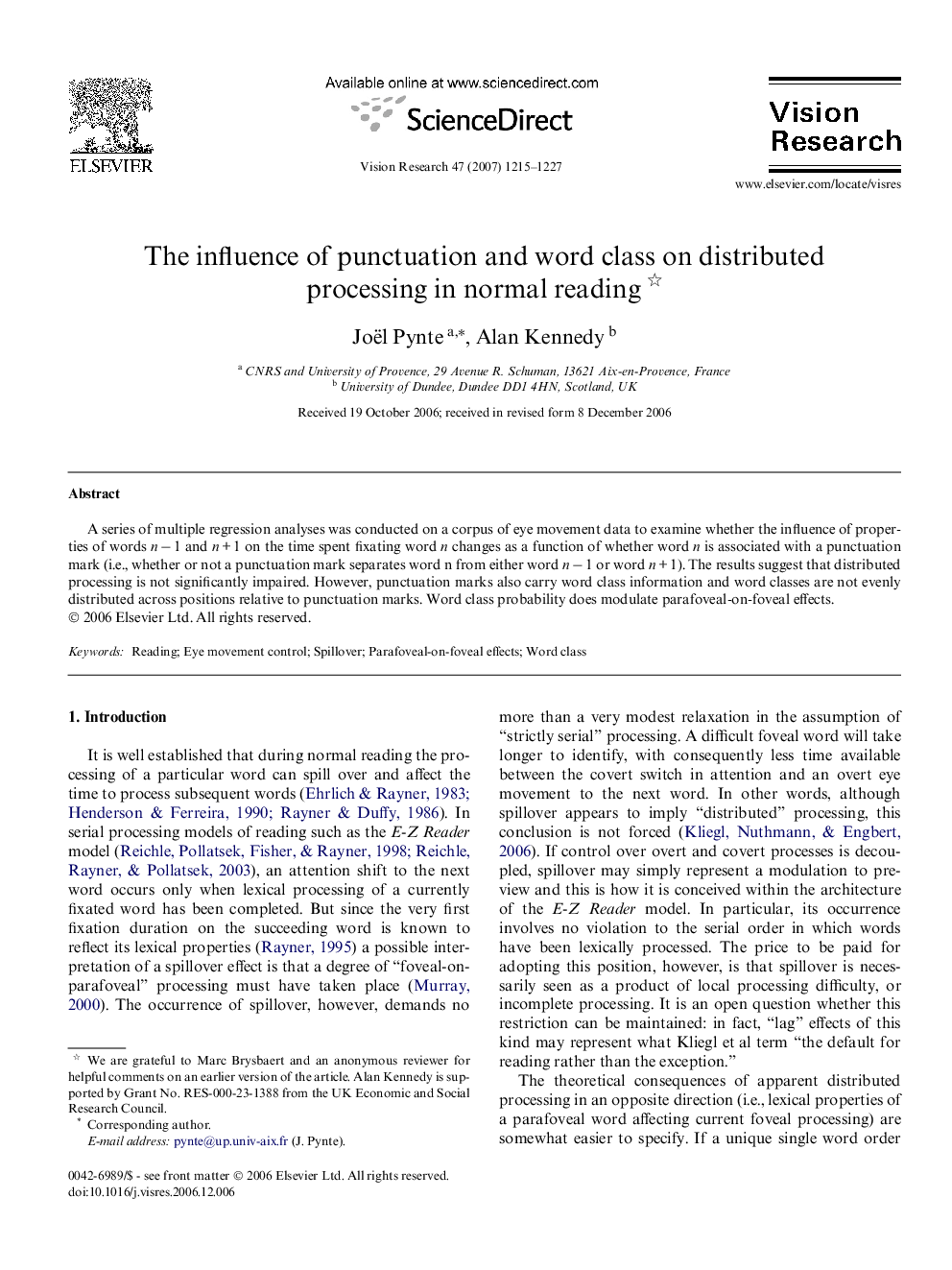 The influence of punctuation and word class on distributed processing in normal reading