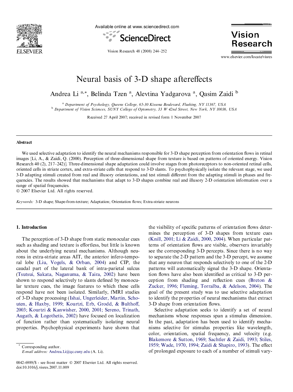 Neural basis of 3-D shape aftereffects