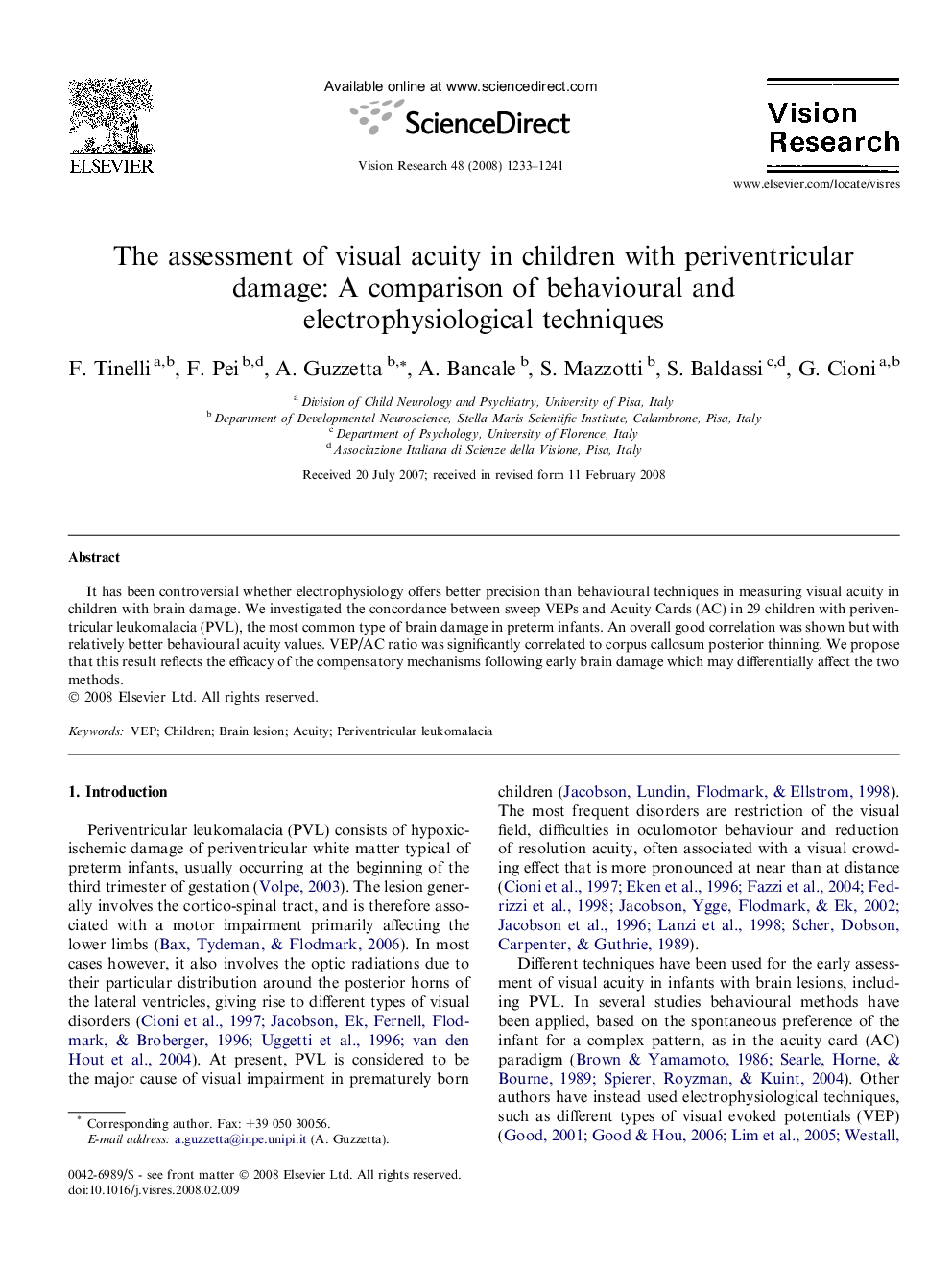 The assessment of visual acuity in children with periventricular damage: A comparison of behavioural and electrophysiological techniques