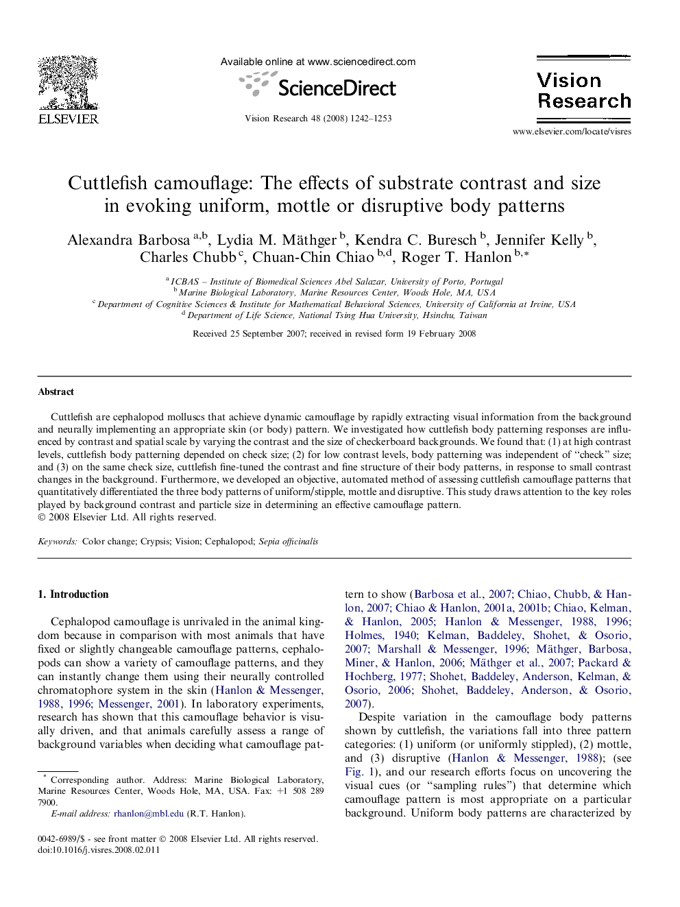 Cuttlefish camouflage: The effects of substrate contrast and size in evoking uniform, mottle or disruptive body patterns