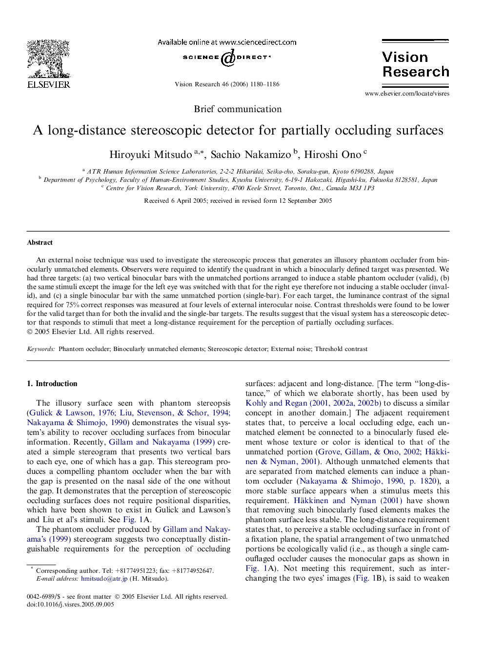 A long-distance stereoscopic detector for partially occluding surfaces