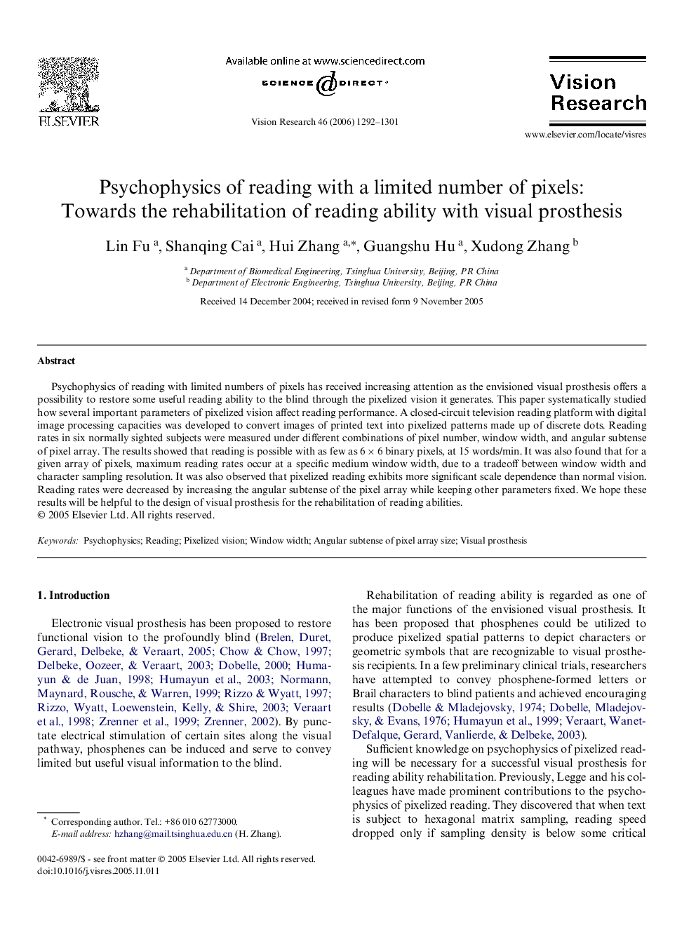 Psychophysics of reading with a limited number of pixels: Towards the rehabilitation of reading ability with visual prosthesis