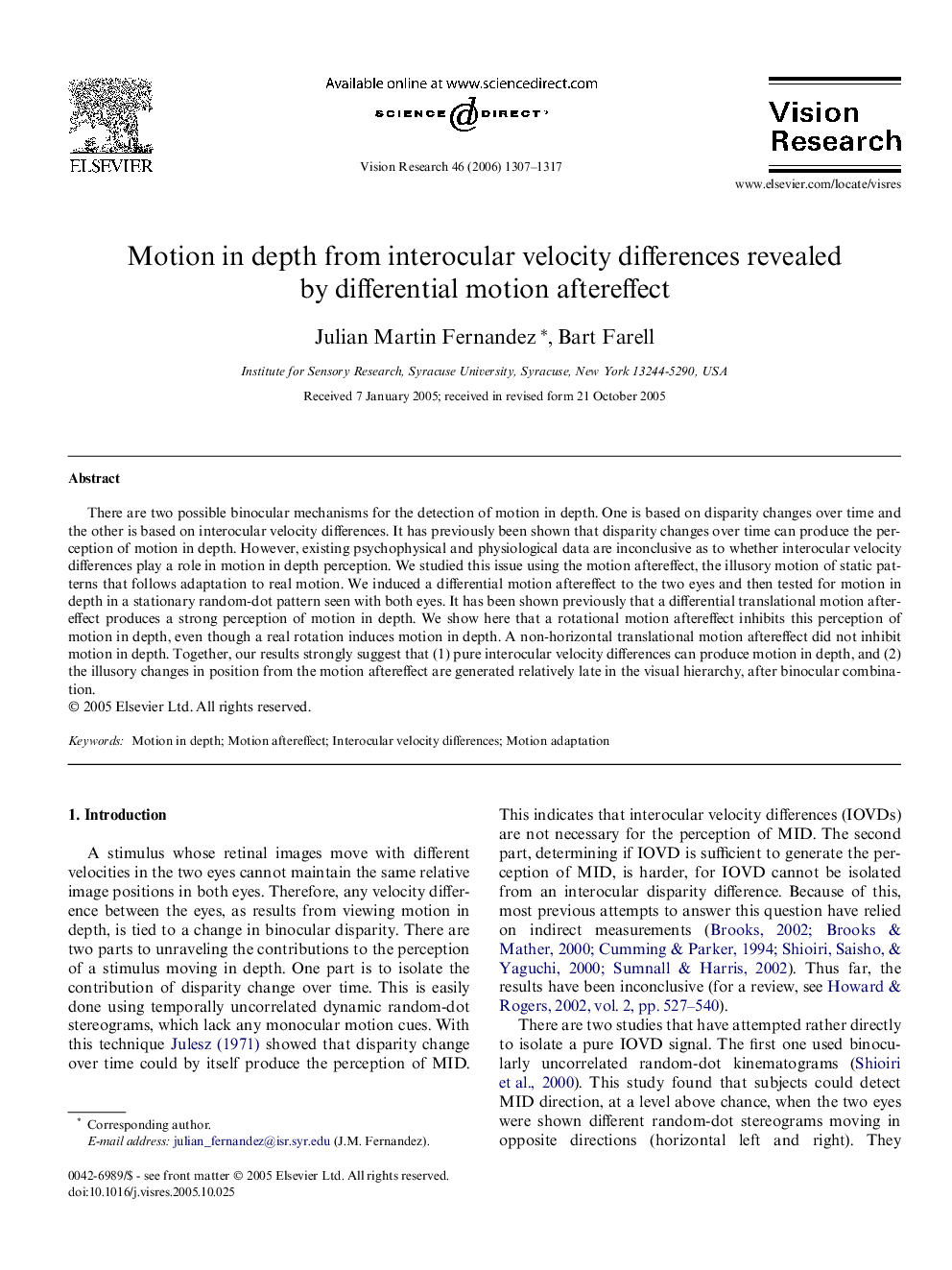 Motion in depth from interocular velocity differences revealed by differential motion aftereffect