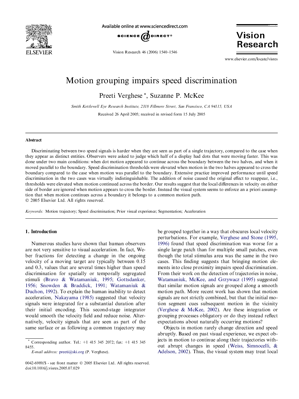 Motion grouping impairs speed discrimination