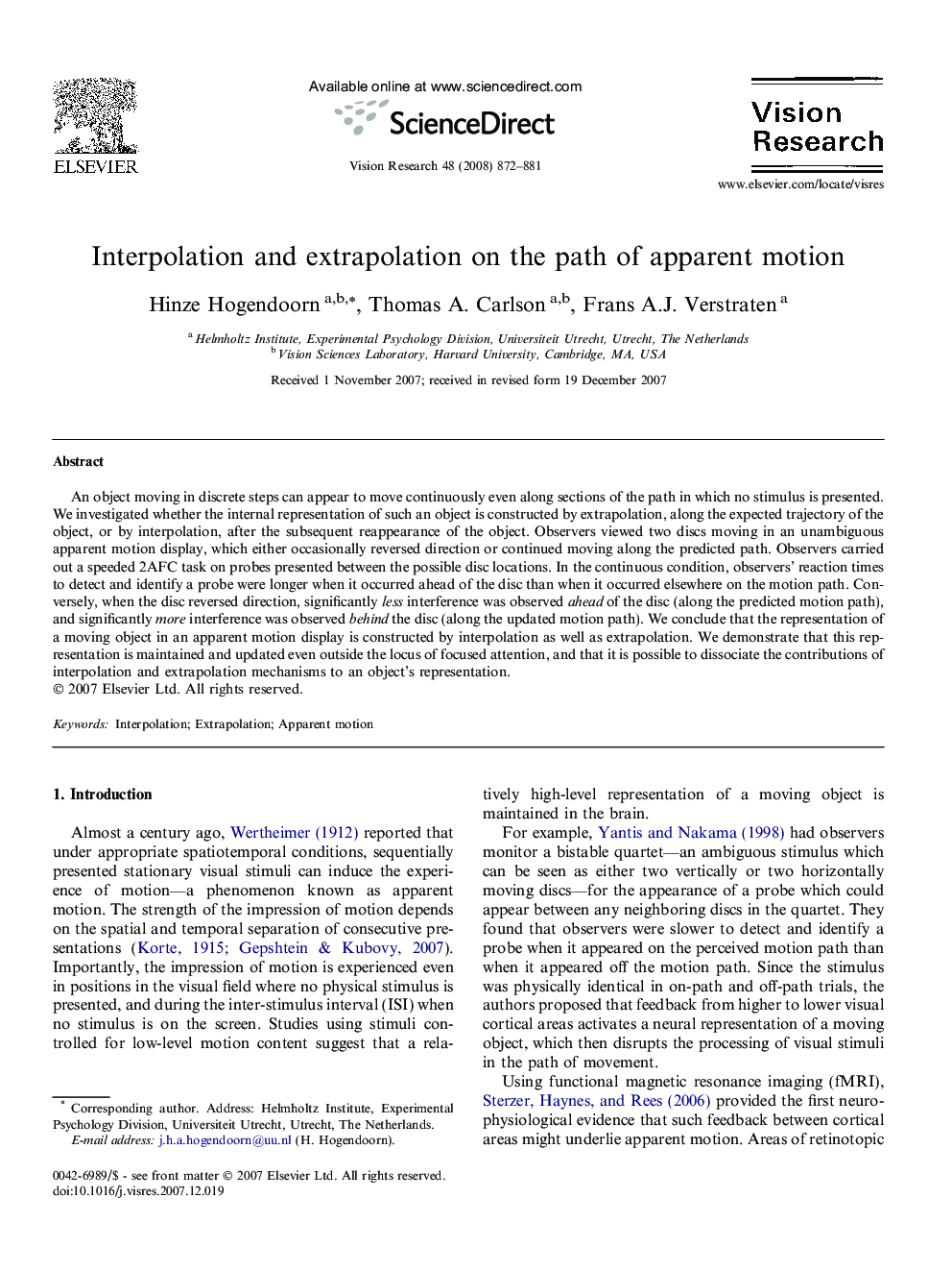 Interpolation and extrapolation on the path of apparent motion