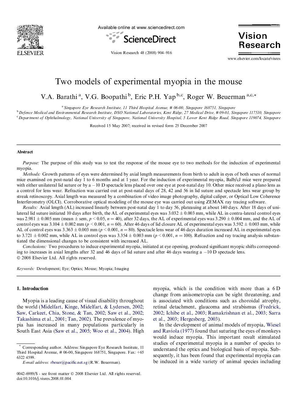 Two models of experimental myopia in the mouse