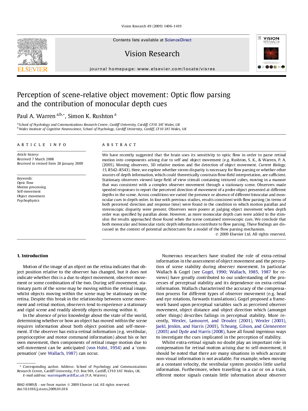 Perception of scene-relative object movement: Optic flow parsing and the contribution of monocular depth cues