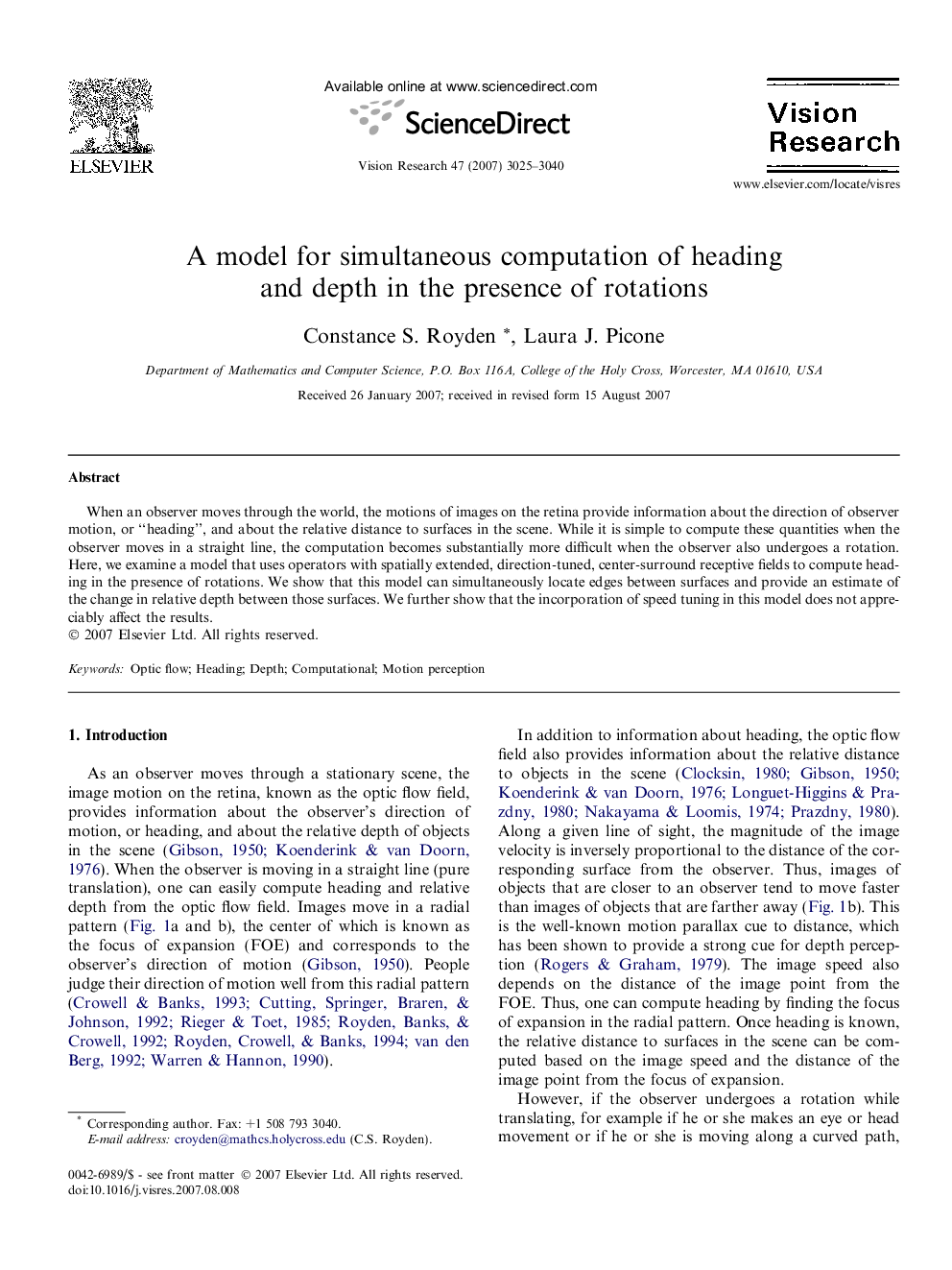 A model for simultaneous computation of heading and depth in the presence of rotations