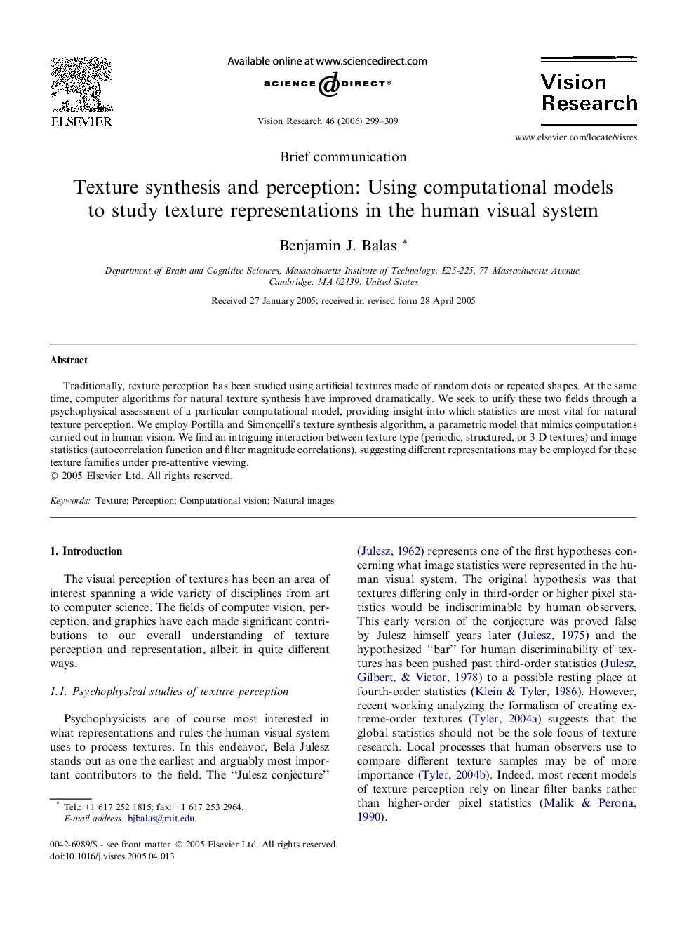 Texture synthesis and perception: Using computational models to study texture representations in the human visual system