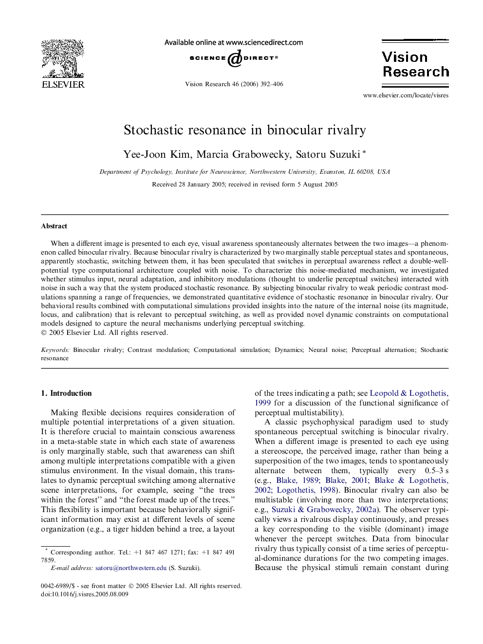 Stochastic resonance in binocular rivalry