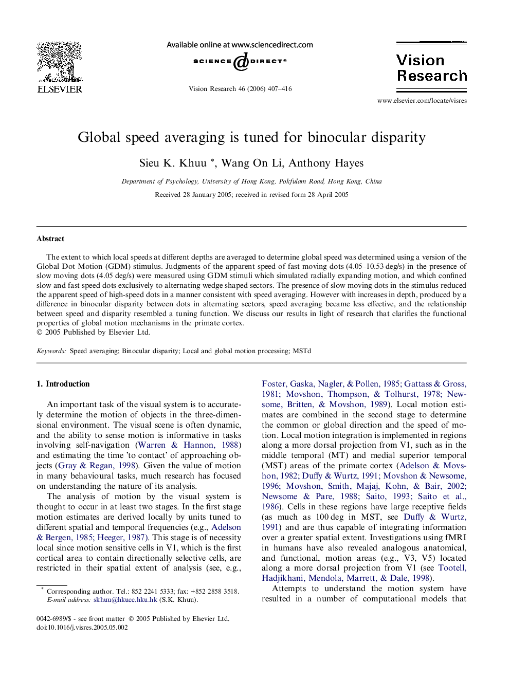 Global speed averaging is tuned for binocular disparity