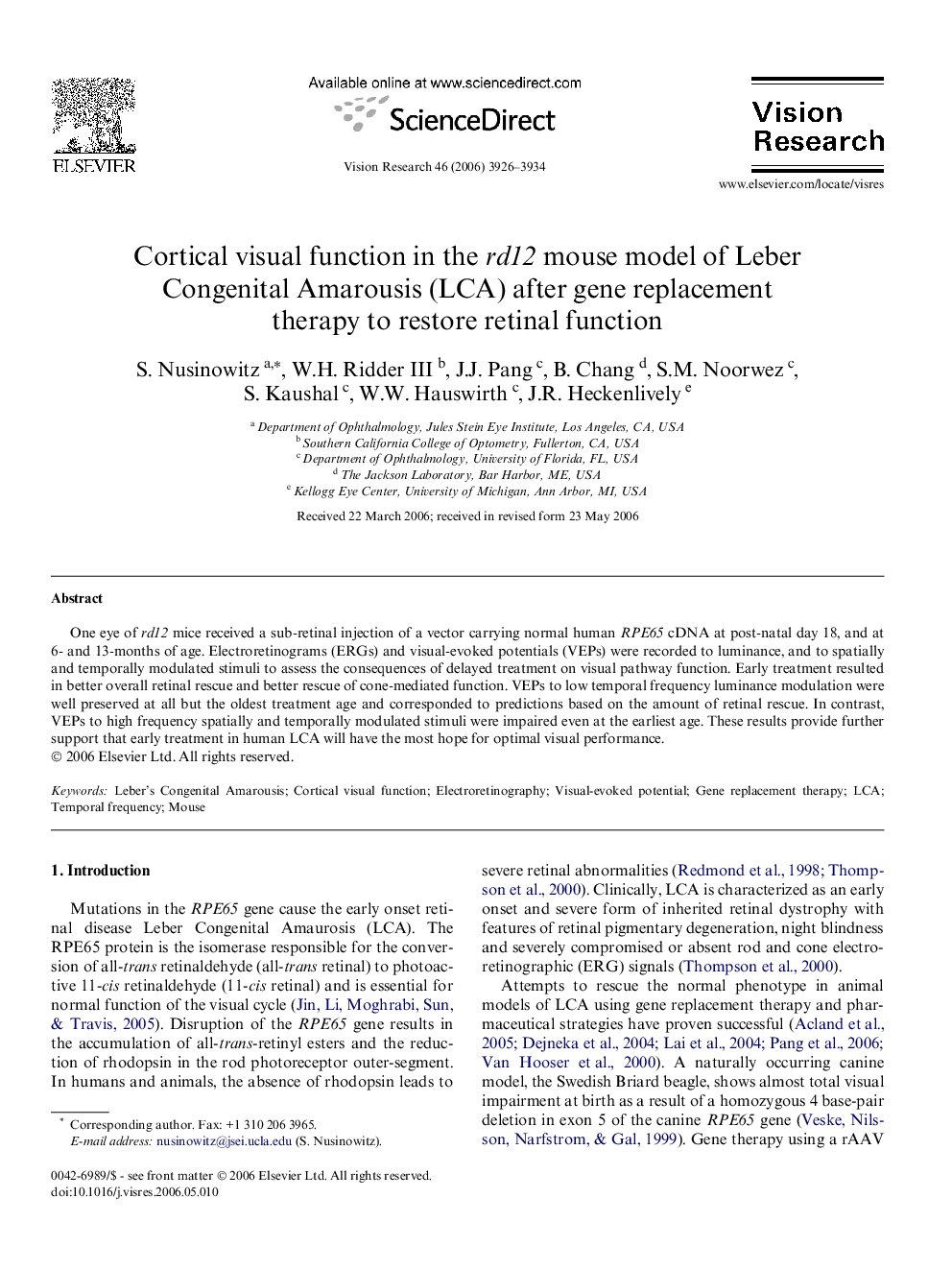 Cortical visual function in the rd12 mouse model of Leber Congenital Amarousis (LCA) after gene replacement therapy to restore retinal function