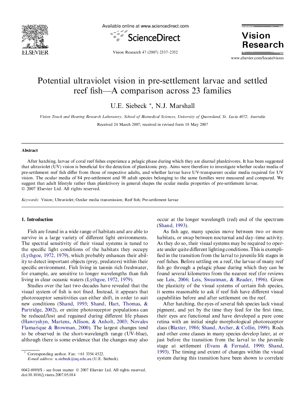 Potential ultraviolet vision in pre-settlement larvae and settled reef fish—A comparison across 23 families