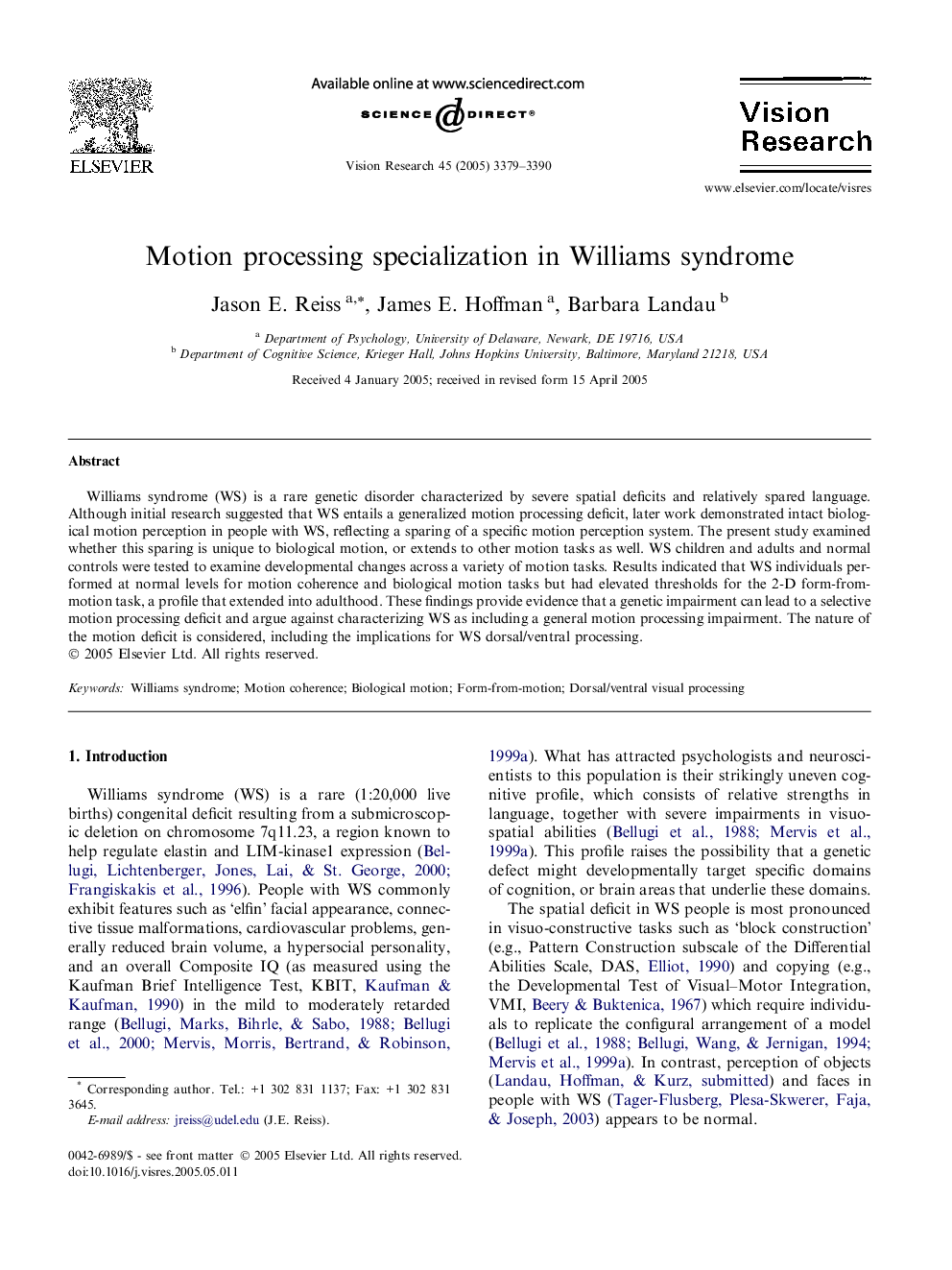 Motion processing specialization in Williams syndrome