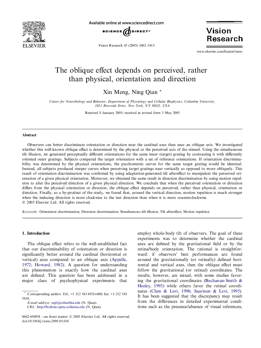 The oblique effect depends on perceived, rather than physical, orientation and direction