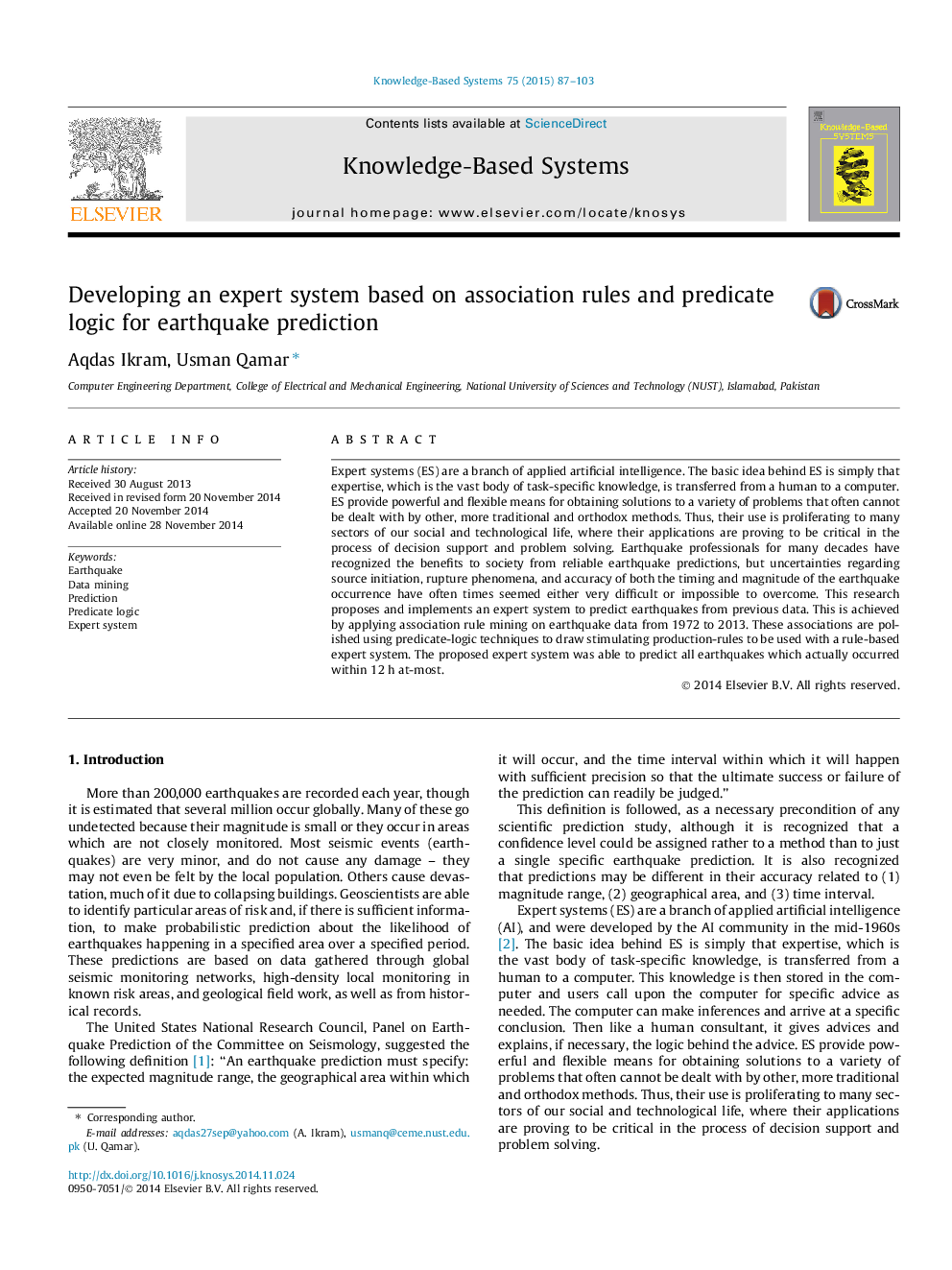 Developing an expert system based on association rules and predicate logic for earthquake prediction