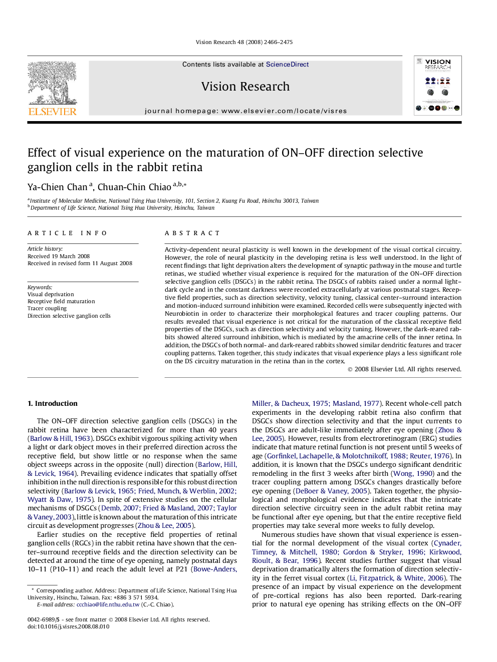 Effect of visual experience on the maturation of ON-OFF direction selective ganglion cells in the rabbit retina