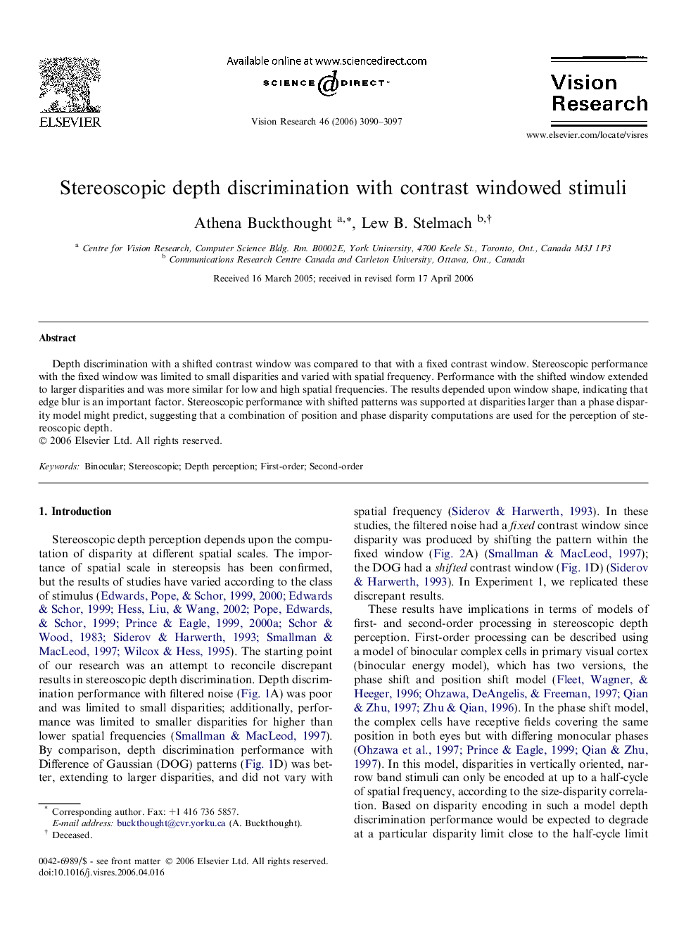 Stereoscopic depth discrimination with contrast windowed stimuli