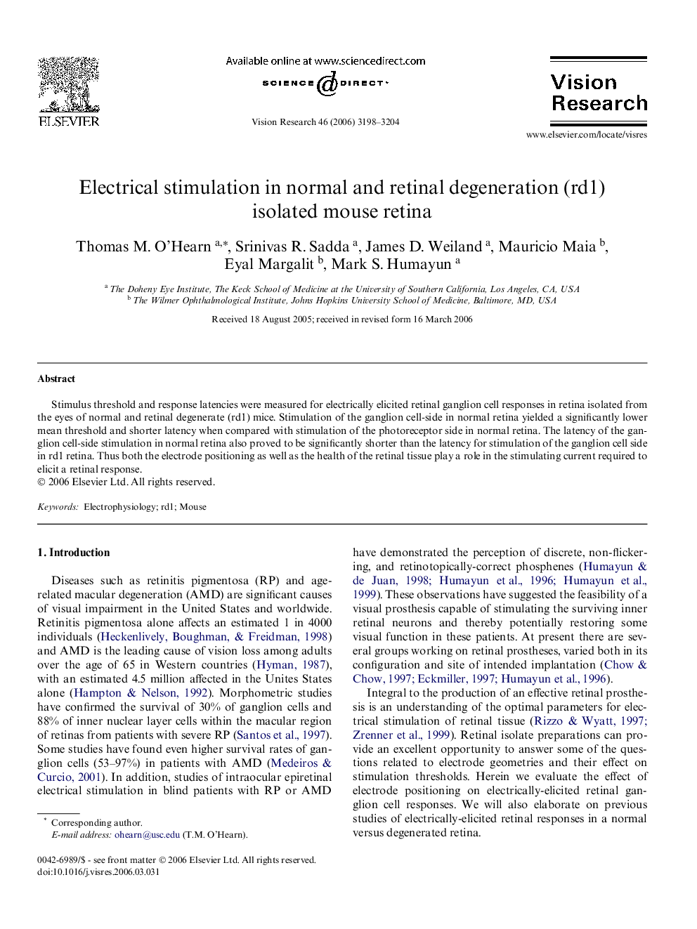 Electrical stimulation in normal and retinal degeneration (rd1) isolated mouse retina