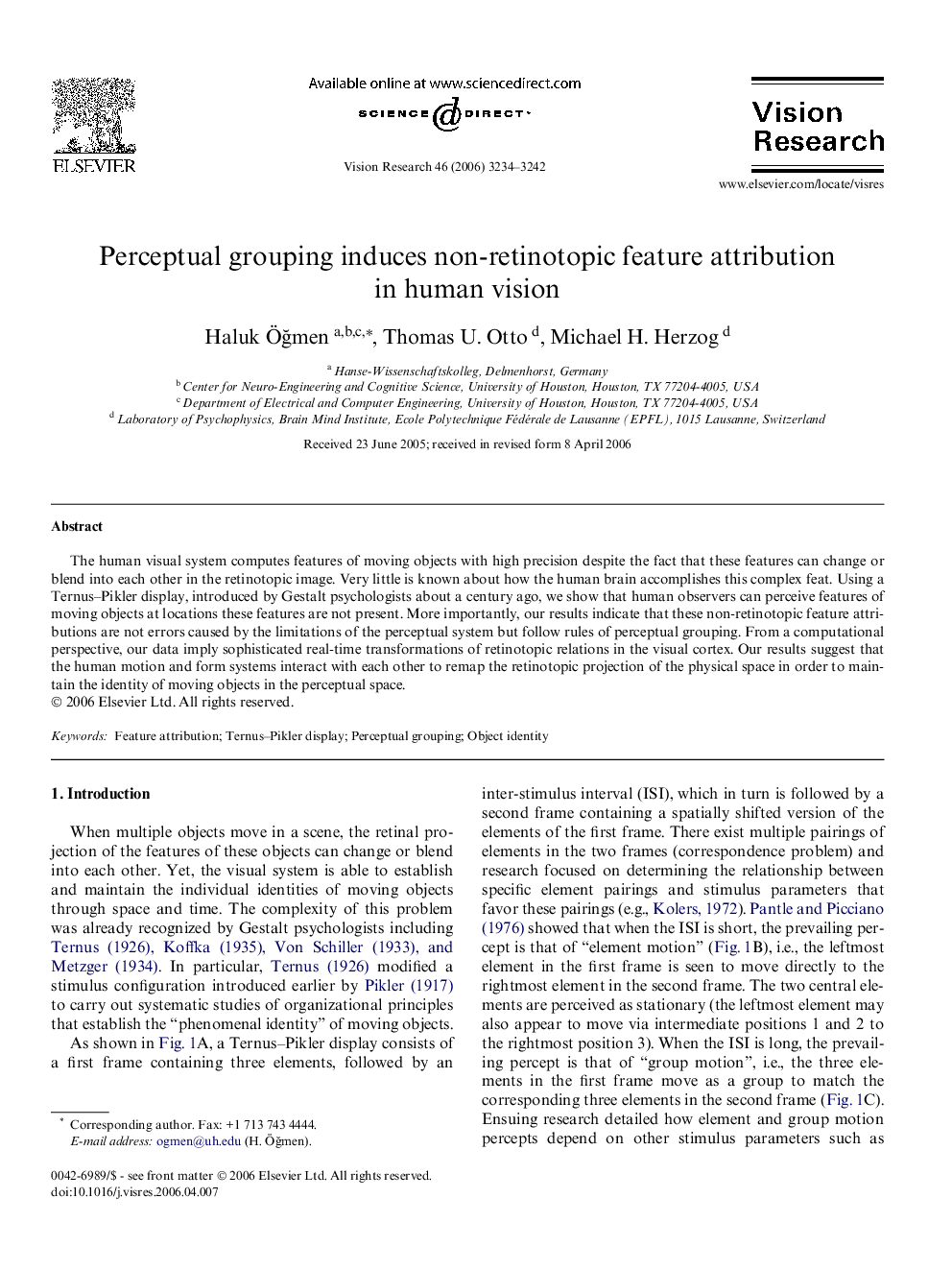 Perceptual grouping induces non-retinotopic feature attribution in human vision