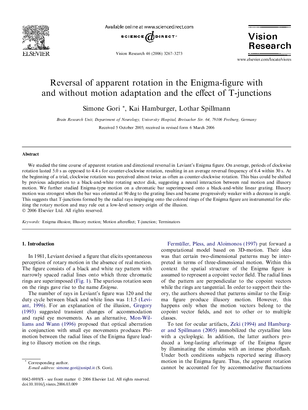 Reversal of apparent rotation in the Enigma-figure with and without motion adaptation and the effect of T-junctions