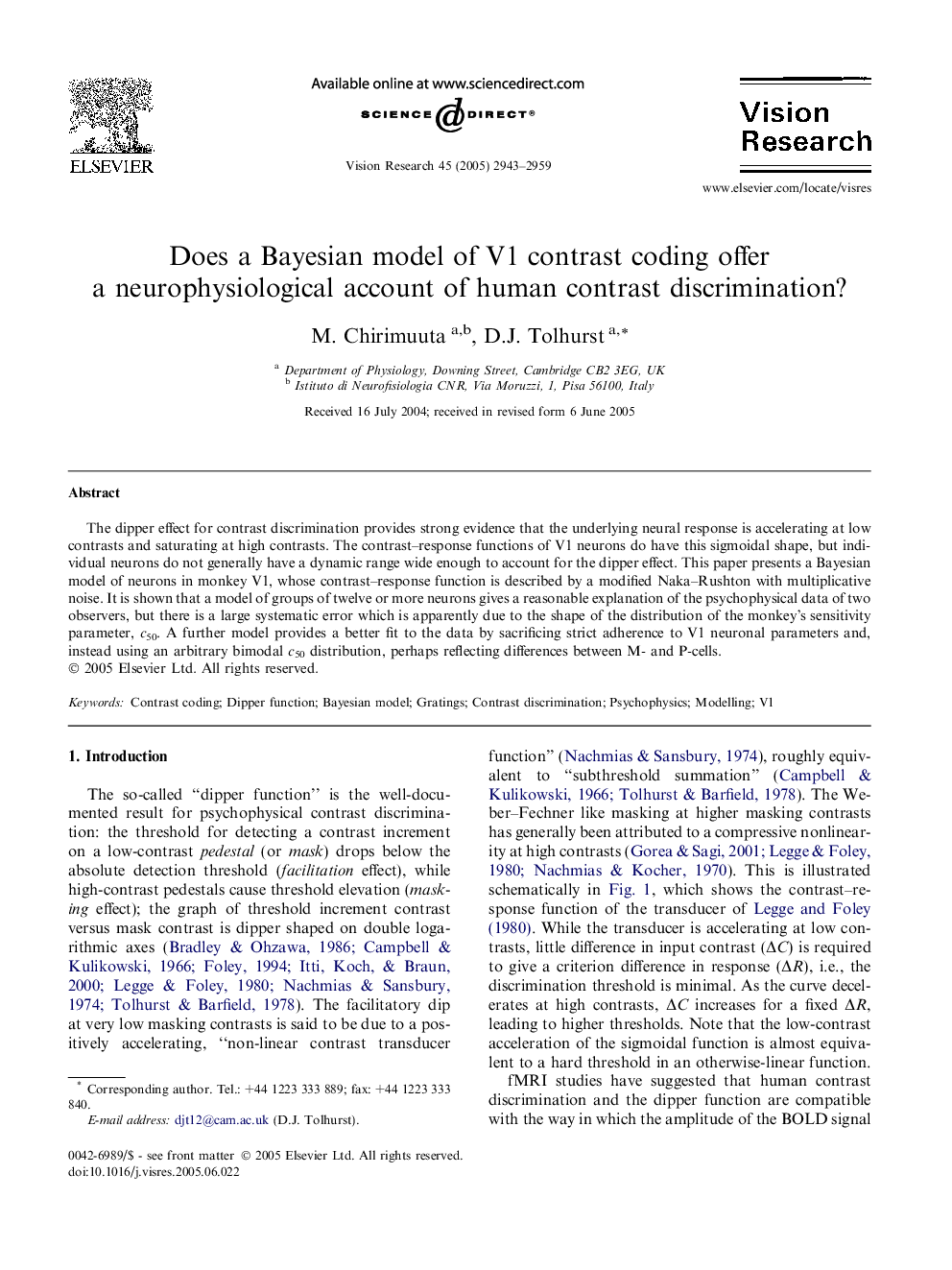 Does a Bayesian model of V1 contrast coding offer a neurophysiological account of human contrast discrimination?