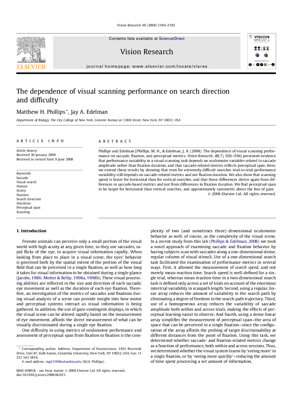 The dependence of visual scanning performance on search direction and difficulty